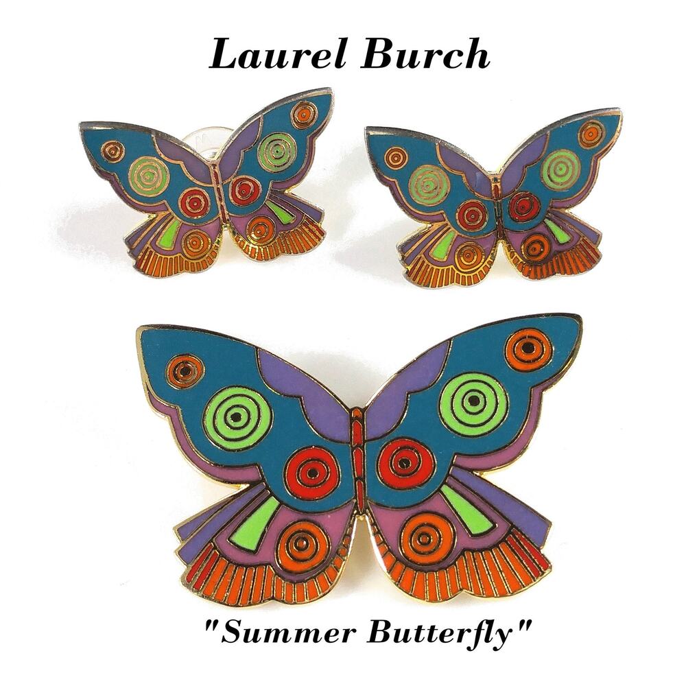 Laurel Burch "Summer Butterfly" Brooch & Earrings, Gold Plated Cloisonne' Enamel